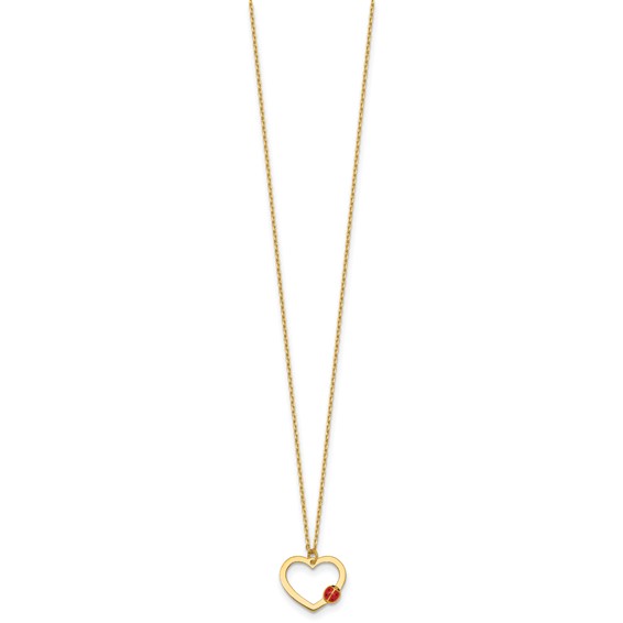 14k Polished Heart with Red and Black Enamel Ladybug 15.5 inch Childrens Necklace Plus 0.75 inch Extender