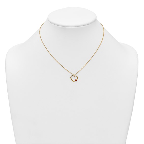 14k Polished Heart with Red and Black Enamel Ladybug 15.5 inch Childrens Necklace Plus 0.75 inch Extender