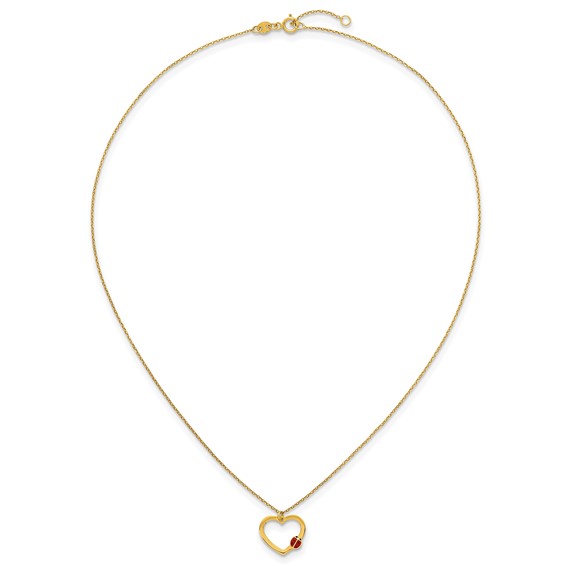 14k Polished Heart with Red and Black Enamel Ladybug 15.5 inch Childrens Necklace Plus 0.75 inch Extender