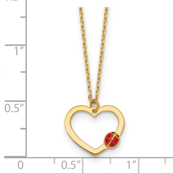 14k Polished Heart with Red and Black Enamel Ladybug 15.5 inch Childrens Necklace Plus 0.75 inch Extender