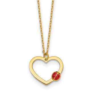 14k Polished Heart with Red and Black Enamel Ladybug 15.5 inch Childrens Necklace Plus 0.75 inch Extender