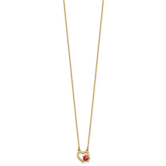 14K Polished Red and Black Enameled Ladybug on Heart 17 inch Necklace