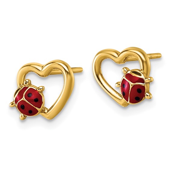 14K Polished Red and Black Enameled Ladybug on Heart Post Earrings