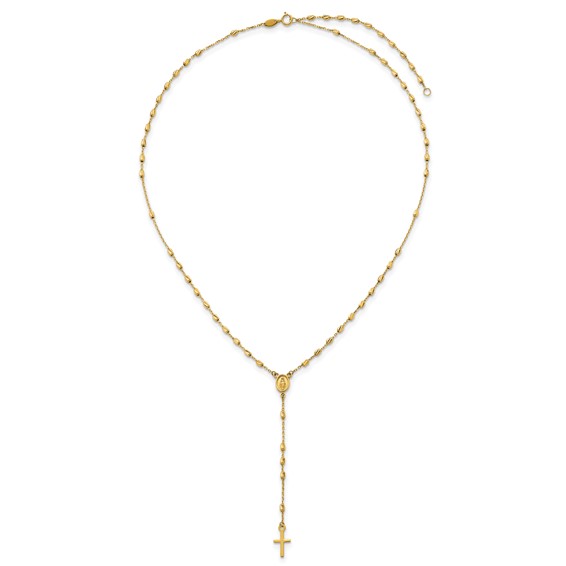 14k Polished Cross and Miraculous Medal Diamond-cut Beaded 16.75 inch Rosary Necklace with 2 inch Extender