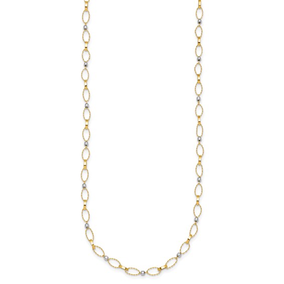 14k Two-tone Polished and Twisted Fancy Oval Links and Faceted Beads 18 inch Necklace