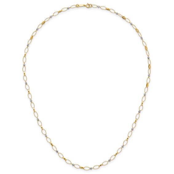 14k Two-tone Polished and Twisted Fancy Oval Links and Faceted Beads 18 inch Necklace