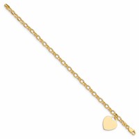 14K Yellow Gold Engravable 19x 15mm Solid Dangle Heart Charm and Hollow Chain Bracelet, 7.5" view 2