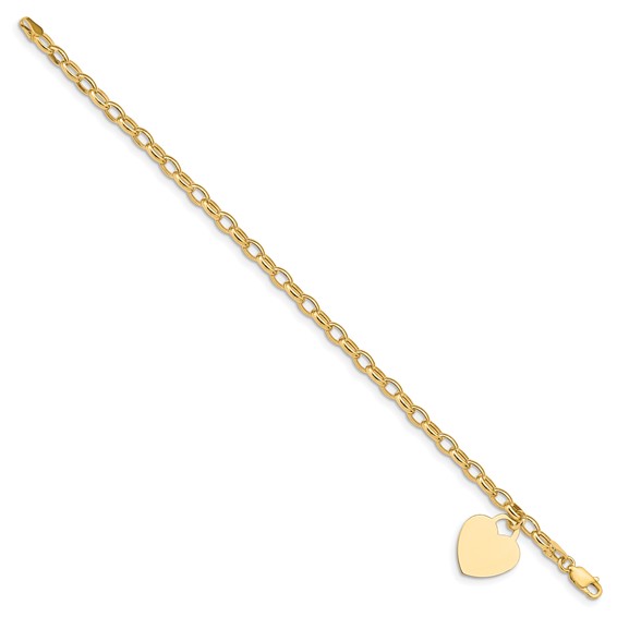 14k Engravable 19x15mm Solid Dangle Heart Charm and Hollow Chain 7.5 inch Bracelet