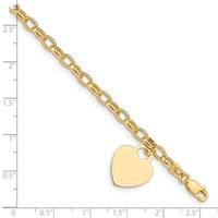 14K Yellow Gold Engravable 19x 15mm Solid Dangle Heart Charm and Hollow Chain Bracelet, 7.5" view 3