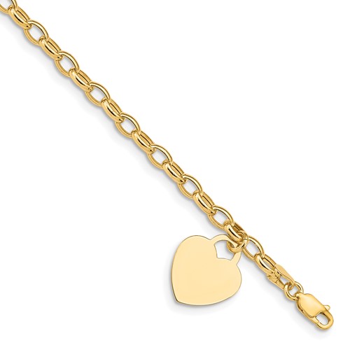 14K Engravable 19x15mm Solid Dangle Heart Charm and Hollow Chain 7.5 Inch Bracelet