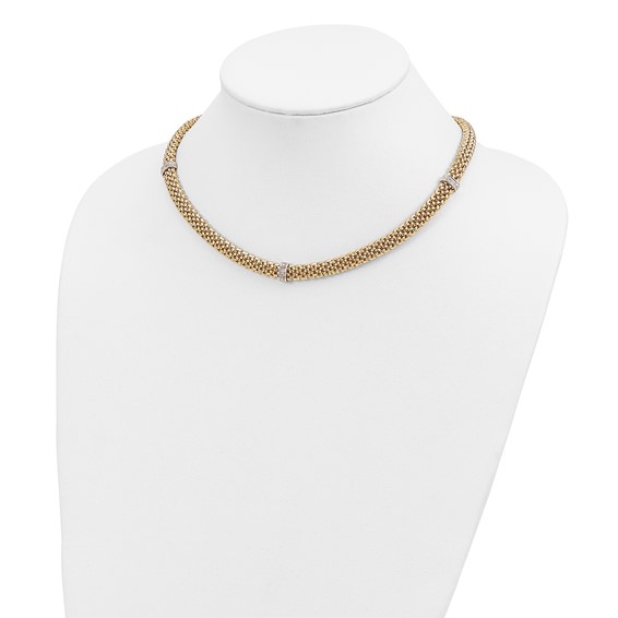 14k Two-Tone Polished Complete .05ct Diamond and Mesh 17 inch Necklace