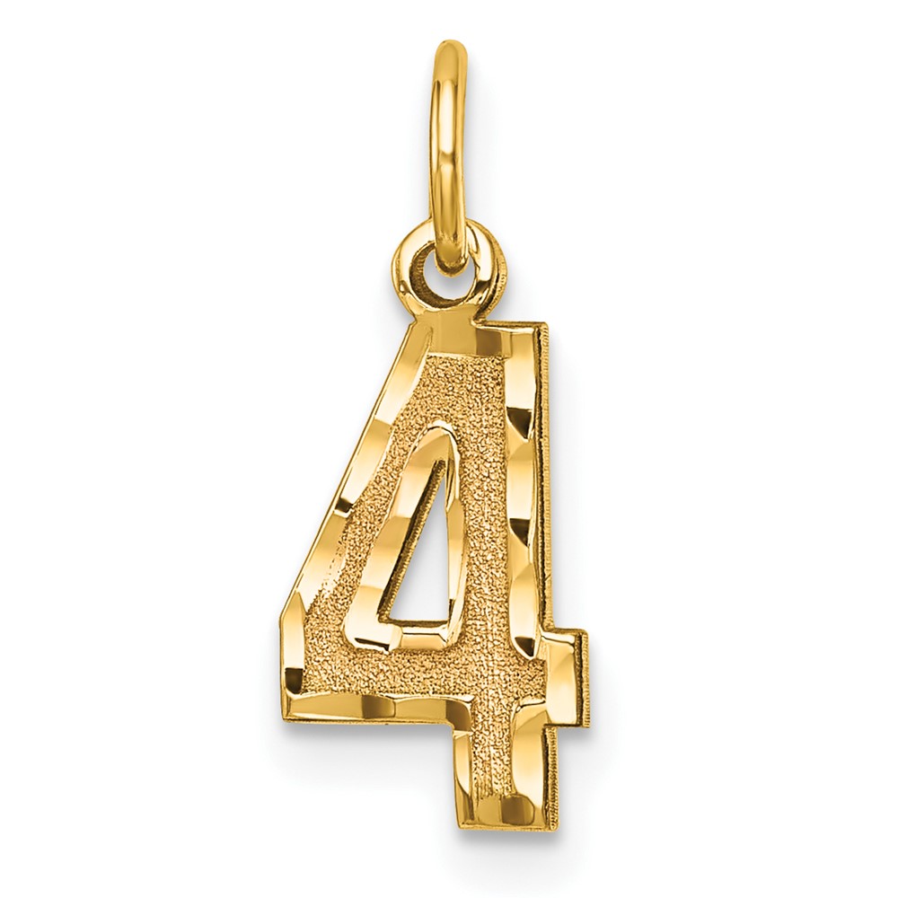 14K Yellow Gold Small Brushed Diamond-cut Number 4 Charm
