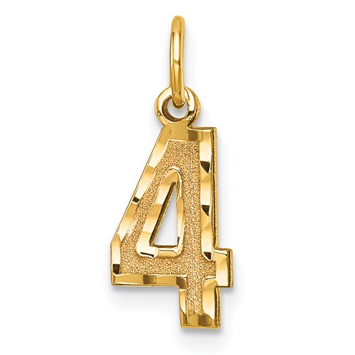 14K Yellow Gold Small Brushed Diamond-cut Number 4 Charm