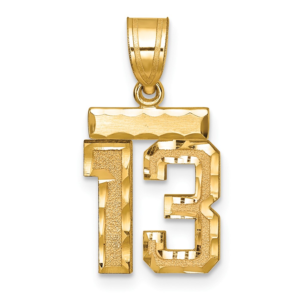14K Yellow Gold Small Brushed Diamond-cut Number 13 Charm