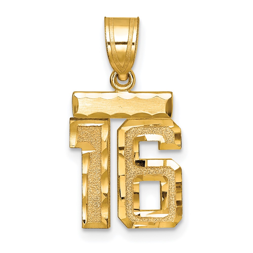 14K Yellow Gold Small Brushed Diamond-cut Number 16 Charm