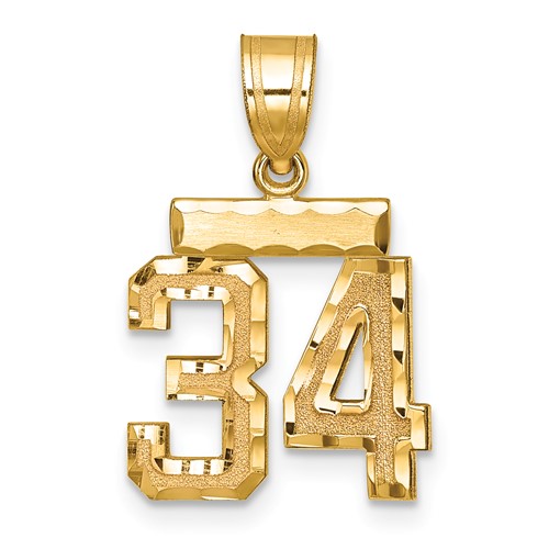 14K Yellow Gold Small Brushed Diamond-cut Number 34 Charm