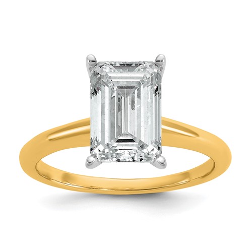 14K Two-tone 3 Carat Certified Lab Grown Diamond VS+ F+ Emerald Solitaire Complete Engagement Ring