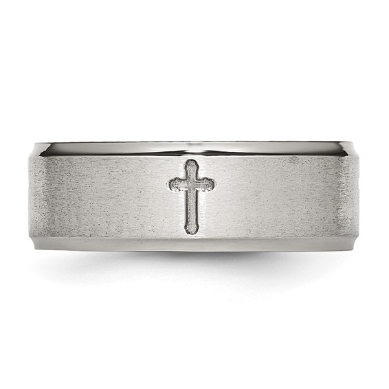 Chisel Stainless Steel Brushed and Polished Cross 8mm Ridged Edge Band