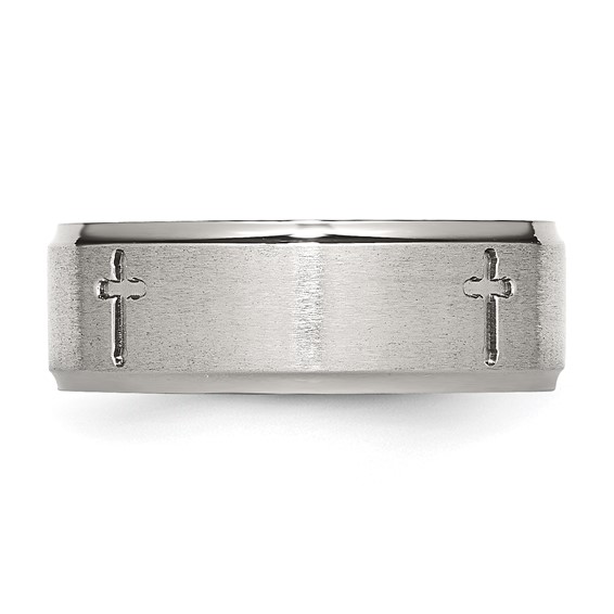 Chisel Stainless Steel Brushed and Polished Cross 8mm Ridged Edge Band