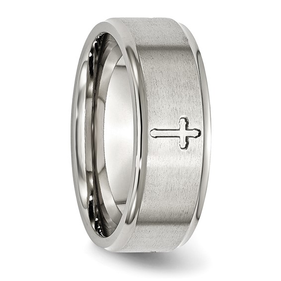 Chisel Stainless Steel Brushed and Polished Cross 8mm Ridged Edge Band