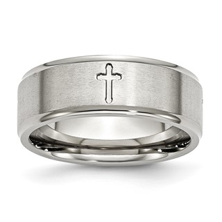 Chisel Stainless Steel Brushed and Polished Cross 8mm Ridged Edge Band