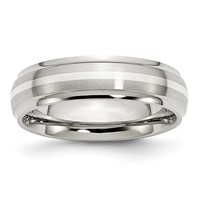 Stainless Steel Sterling Silver Inlay Ridged Edge Brushed and Polished Band view 1