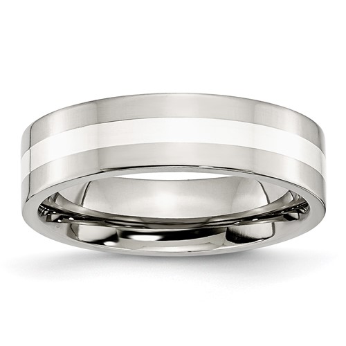 Stainless Steel w/Sterling Silver Inlay Polished 6mm Flat Band