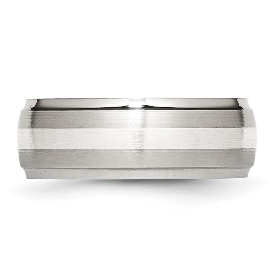 Chisel Stainless Steel Sterling Silver Inlay Brushed and Polished 8mm Ridged Edge Band