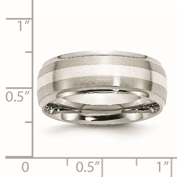 Chisel Stainless Steel Sterling Silver Inlay Brushed and Polished 8mm Ridged Edge Band