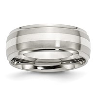 Chisel Stainless Steel Sterling Silver Inlay Brushed and Polished 8mm Ridged Edge Band view 1
