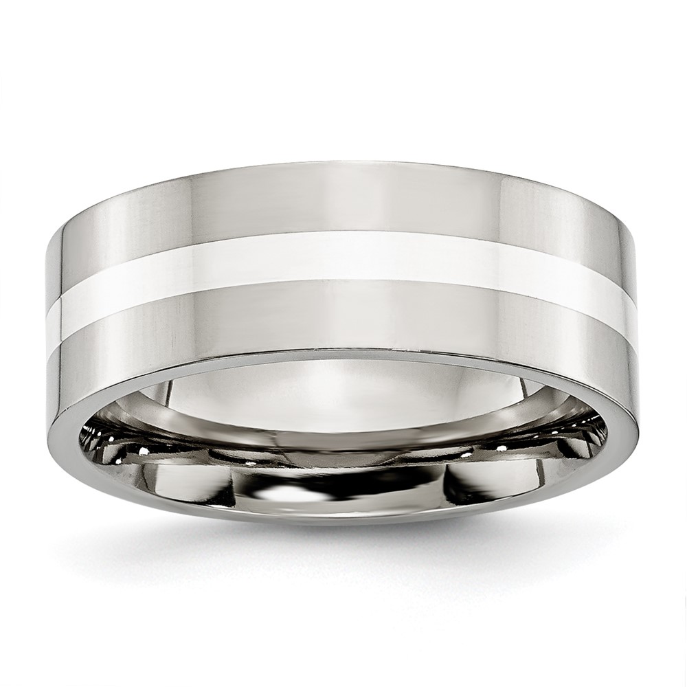 Chisel Stainless Steel Band with Sterling Silver Inlay Polished 8mm Flat