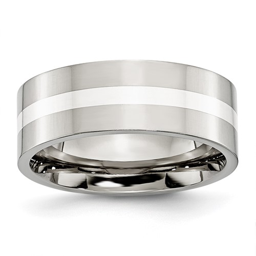 Chisel Stainless Steel Band with Sterling Silver Inlay Polished 8mm Flat