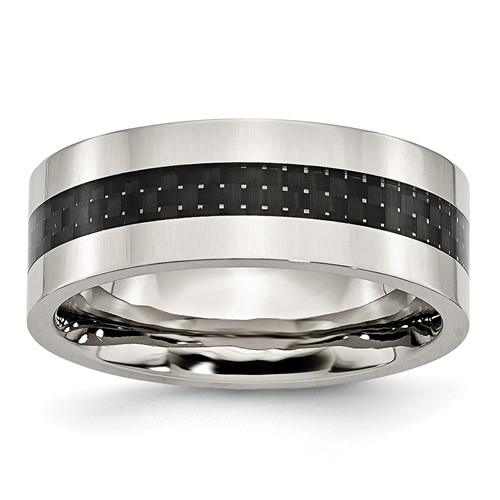 Chisel Stainless Steel Polished Band with Black Carbon Fiber Inlay 8mm Flat