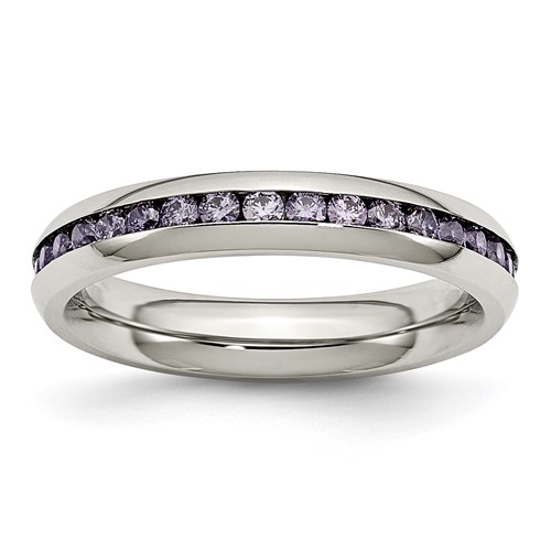 Chisel Stainless Steel Polished 4mm February Purple CZ Ring