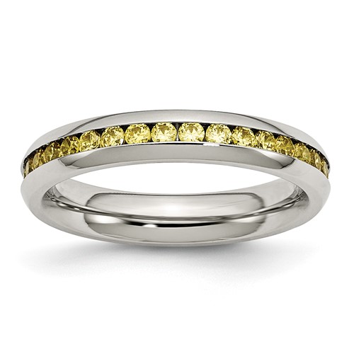 Chisel Stainless Steel Polished 4mm November Yellow CZ Ring