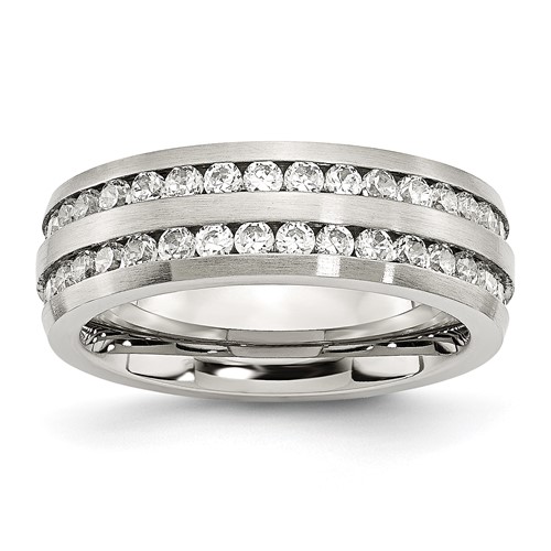 Chisel Stainless Steel Brushed Band with Double Row CZ 7mm