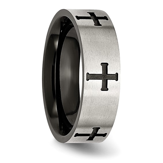 Chisel Stainless Steel Brushed and Polished Black IP-plated Crosses 7mm Band