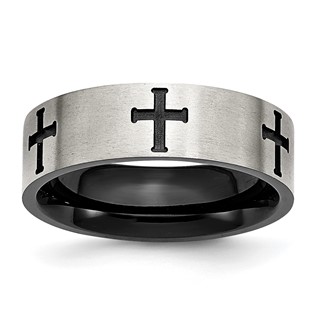 Chisel Stainless Steel Brushed and Polished Black IP-plated Crosses 7mm Band