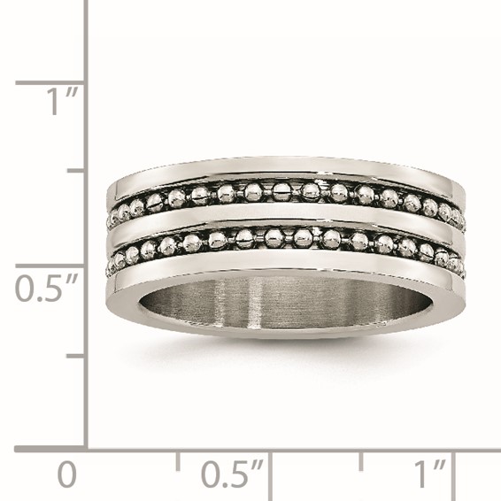 Stainless Steel Antiqued/Polished Double Row Beaded 8mm Band