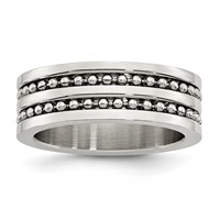 Stainless Steel Antiqued Polished Double Row Beaded 8mm Band view 1
