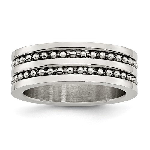 Stainless Steel Antiqued Polished Double Row Beaded 8mm Band
