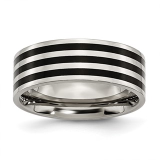 Stainless Steel 8mm Black IP-plated Striped Polished Band