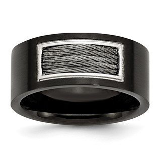 Stainless Steel Polished Black IP-plated w/Grey Wire Inlay 10mm Band