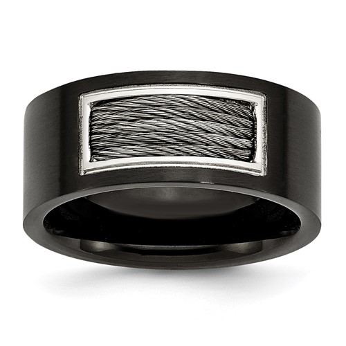 Stainless Steel Polished Black IP-plated Band with Grey Wire Inlay 10mm