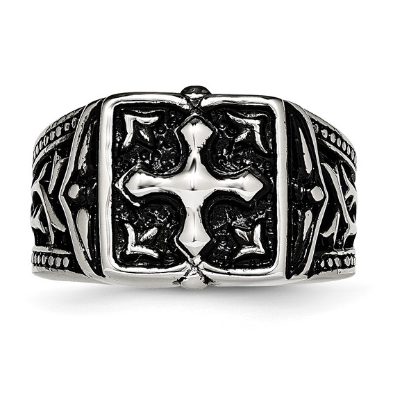 Chisel Stainless Steel Antiqued Polished and Textured Cross Ring