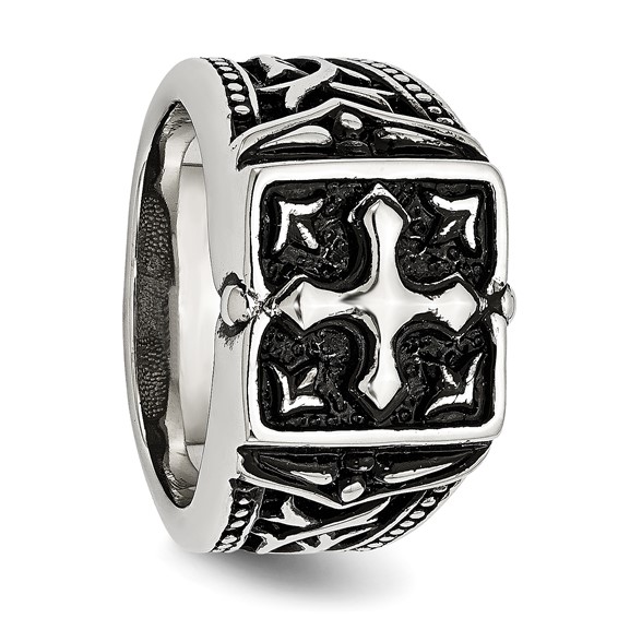 Chisel Stainless Steel Antiqued Polished and Textured Cross Ring