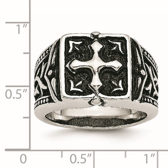 Chisel Stainless Steel Antiqued Polished and Textured Cross Ring