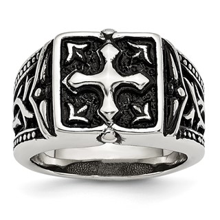 Chisel Stainless Steel Antiqued Polished and Textured Cross Ring