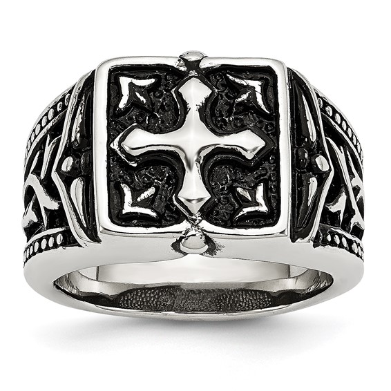 Chisel Stainless Steel Antiqued Polished and Textured Cross Ring