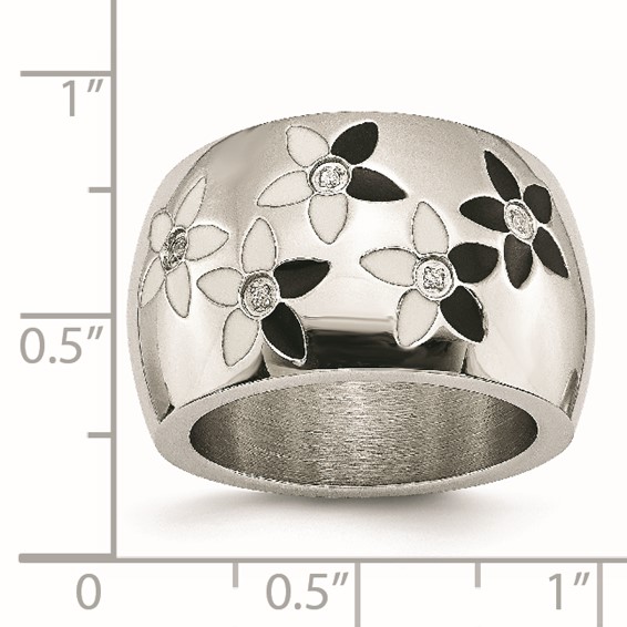 Stainless Steel Black & White Enamel Flowers w/CZ Ring